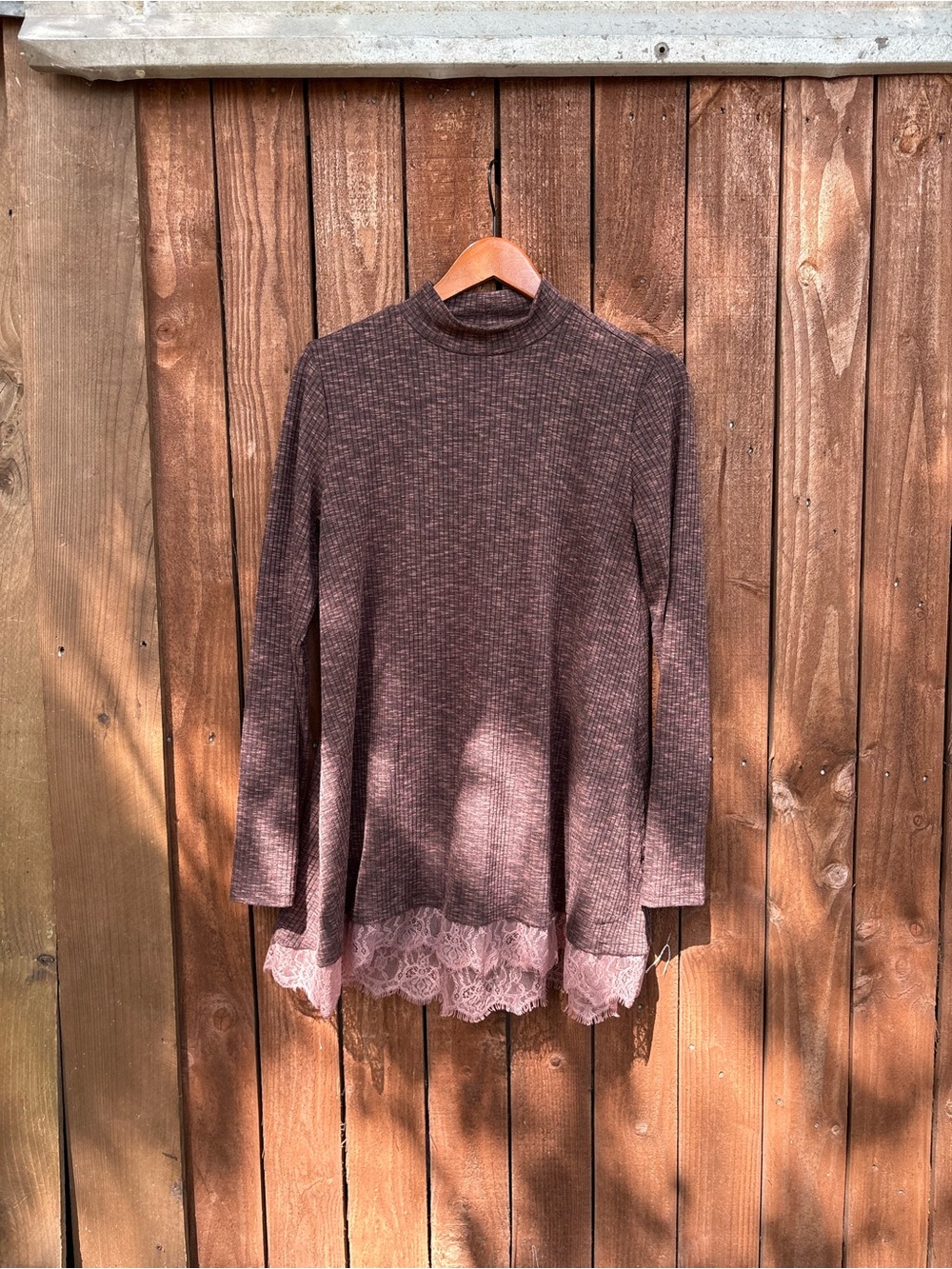 LOGO Ribbed Brown and Pink Lace Trim Layered Turtleneck